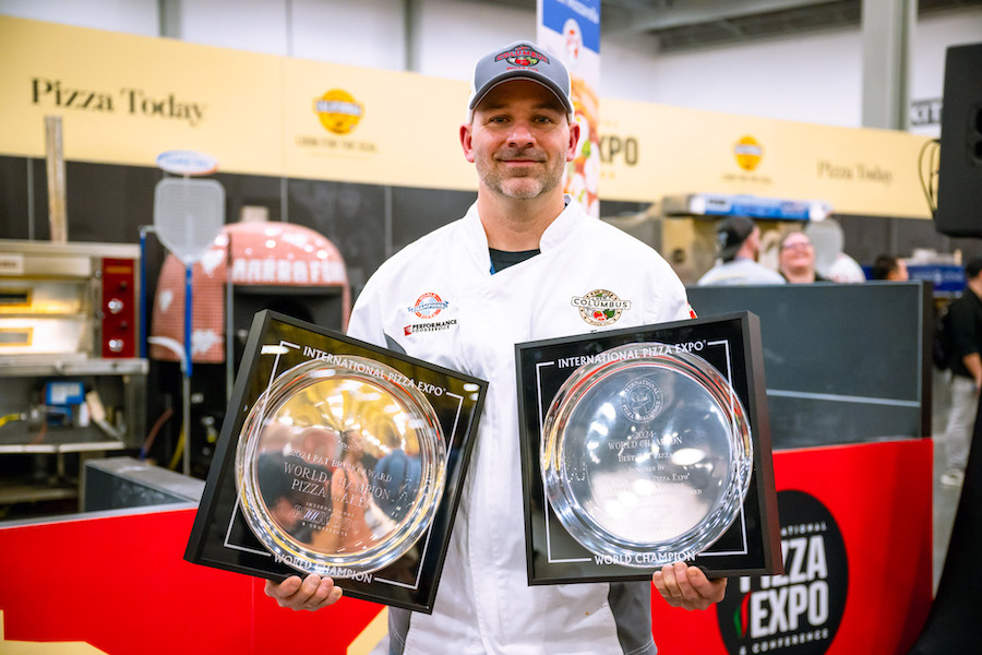 Tony Cerimele, owner of New Columbus Pizza Company, in Nesquehoning, Pennsylvania, is the 2024 World Champion Pizza Maker of the Year at the International Pizza Challenge during Pizza Expo (March 19-21) in Las Vegas