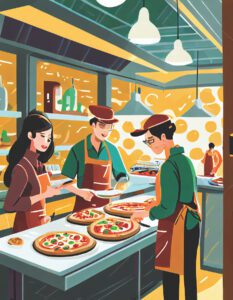 employees working at a pizzeria illustration